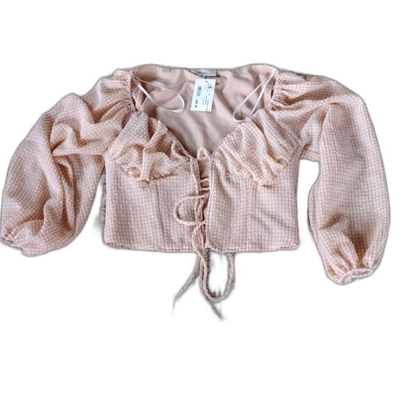 Mable Front-Tie Cropped Ruffle Pleated Blouse Gingham Coral Peach Medium - Picture 1 of 14